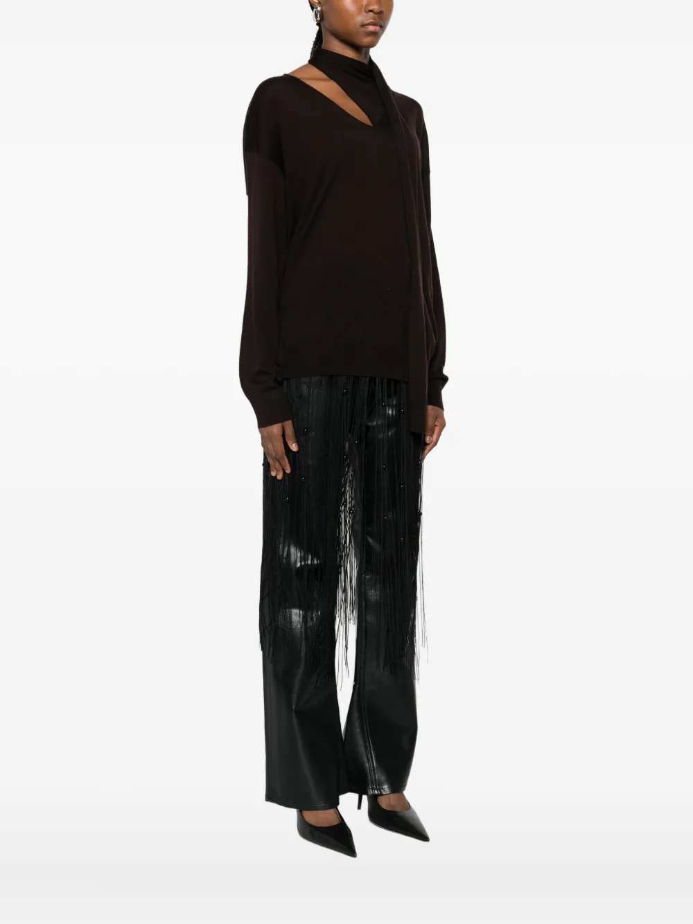 Isabelle Blanche V-neck Tie Sweater In Brown