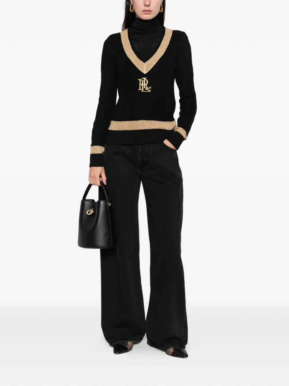Ralph Lauren V-neck Logo Knitwear In Black