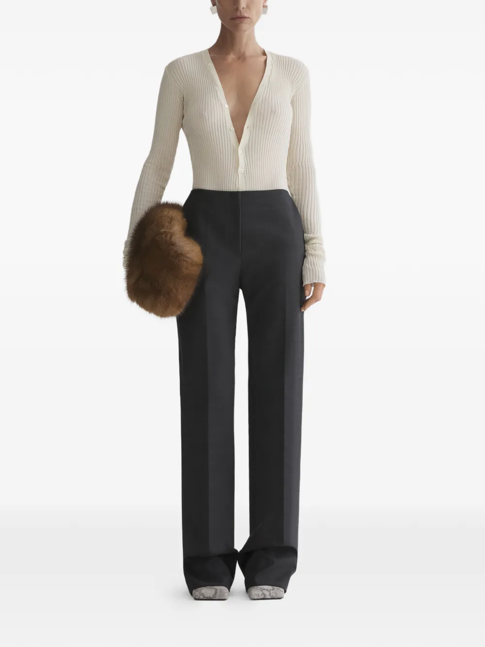  Mugler V-neck Ribbed Top - Neutrals 