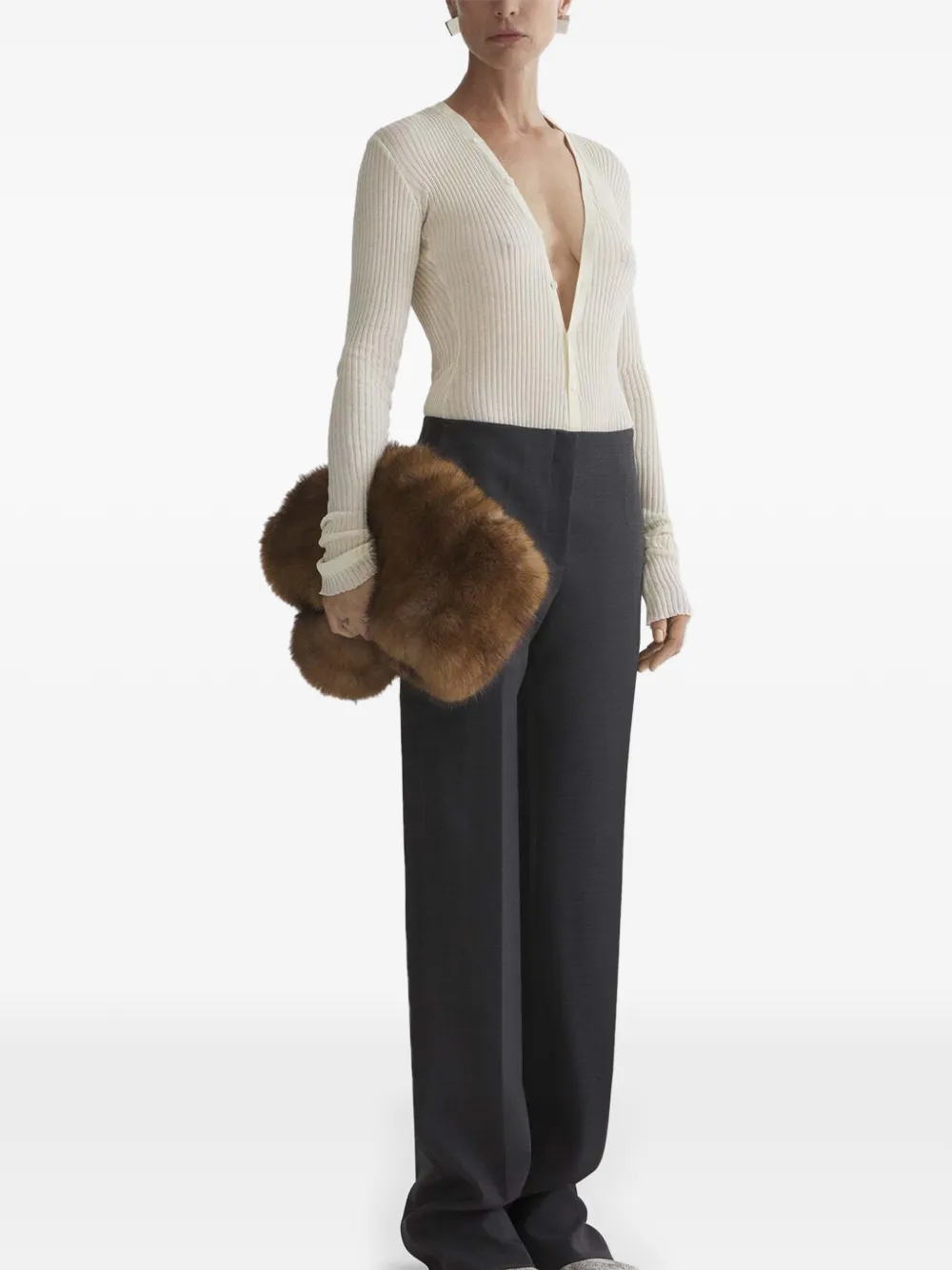  Mugler V-neck Ribbed Top - Neutrals 