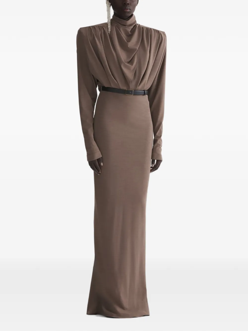 Mugler Column Power Dress in Brown, view 2