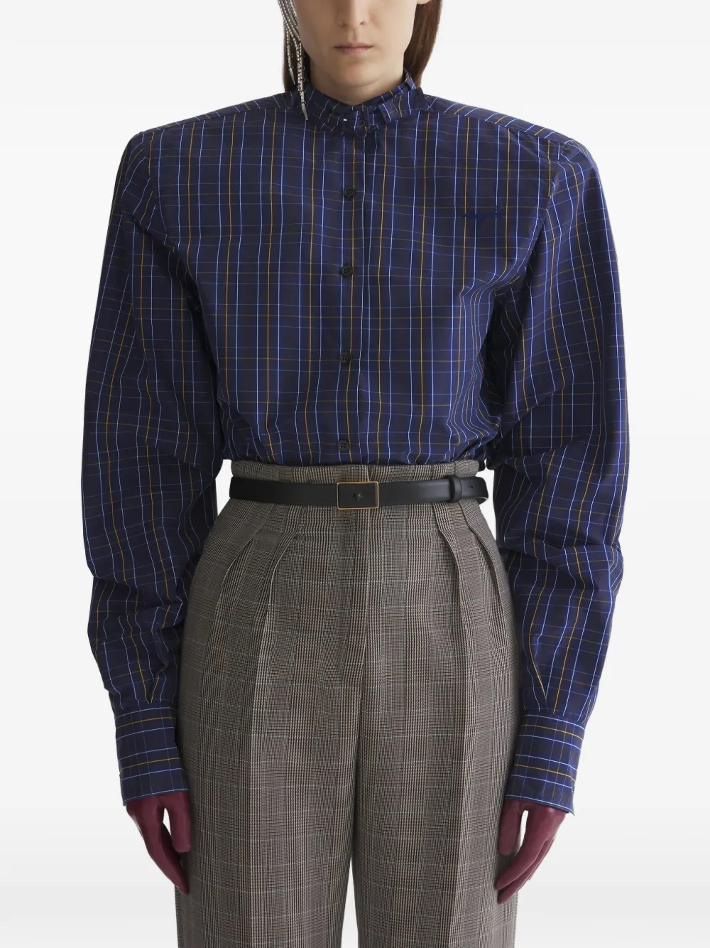 Mugler ruffle-trim check shirt - Blue
