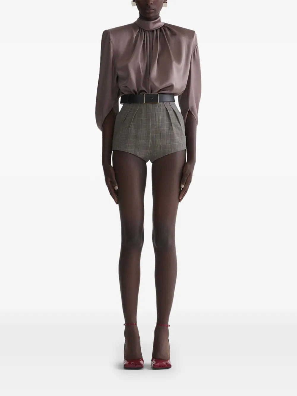  Mugler Pleated Check Shorts - Grey 