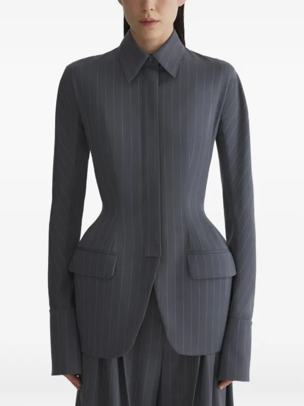 Mugler Pinstripe Hourglass Shirt Jacket in Grey