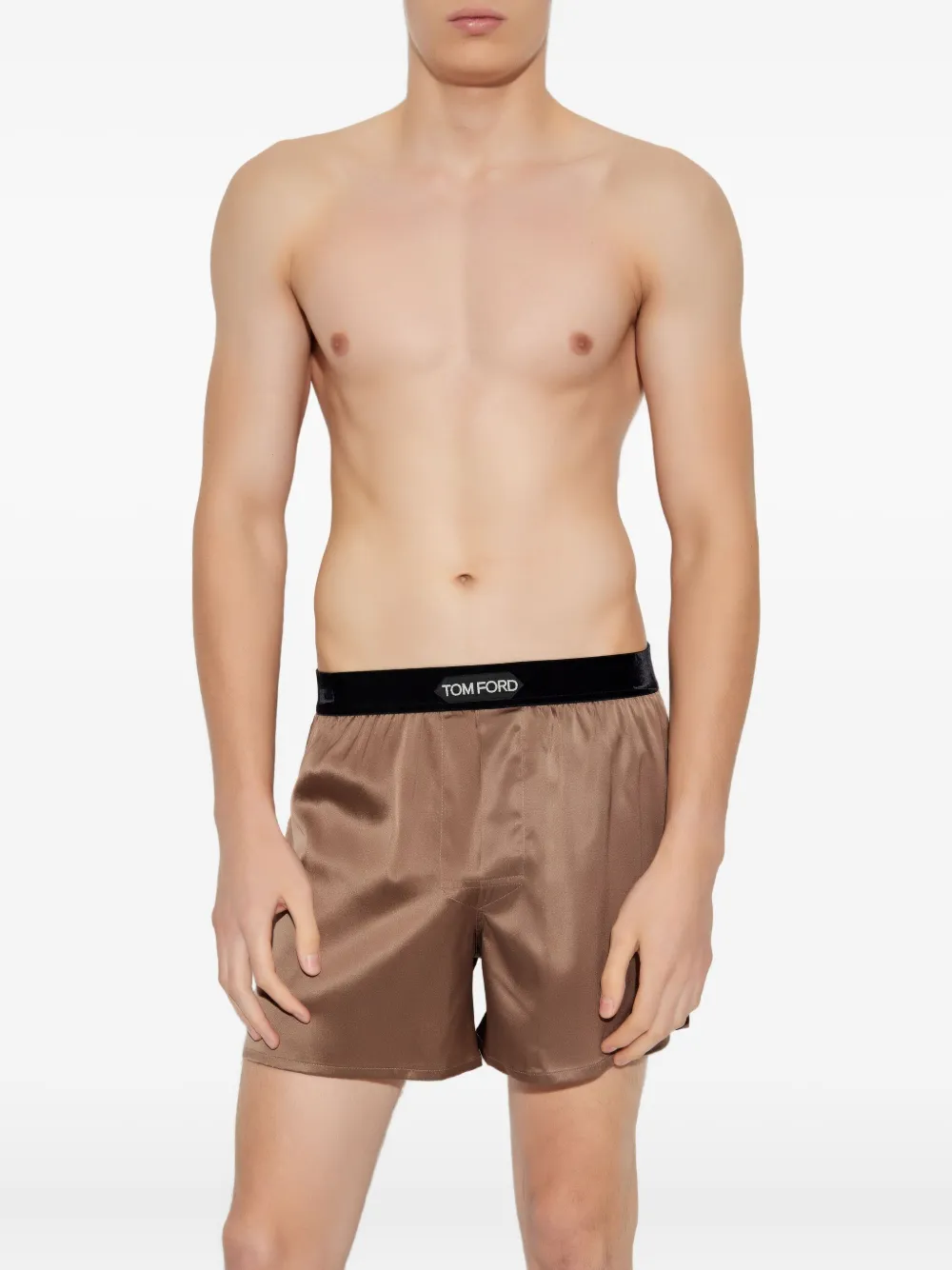 Tom Ford Logo-waistband Silk Boxers In Brown
