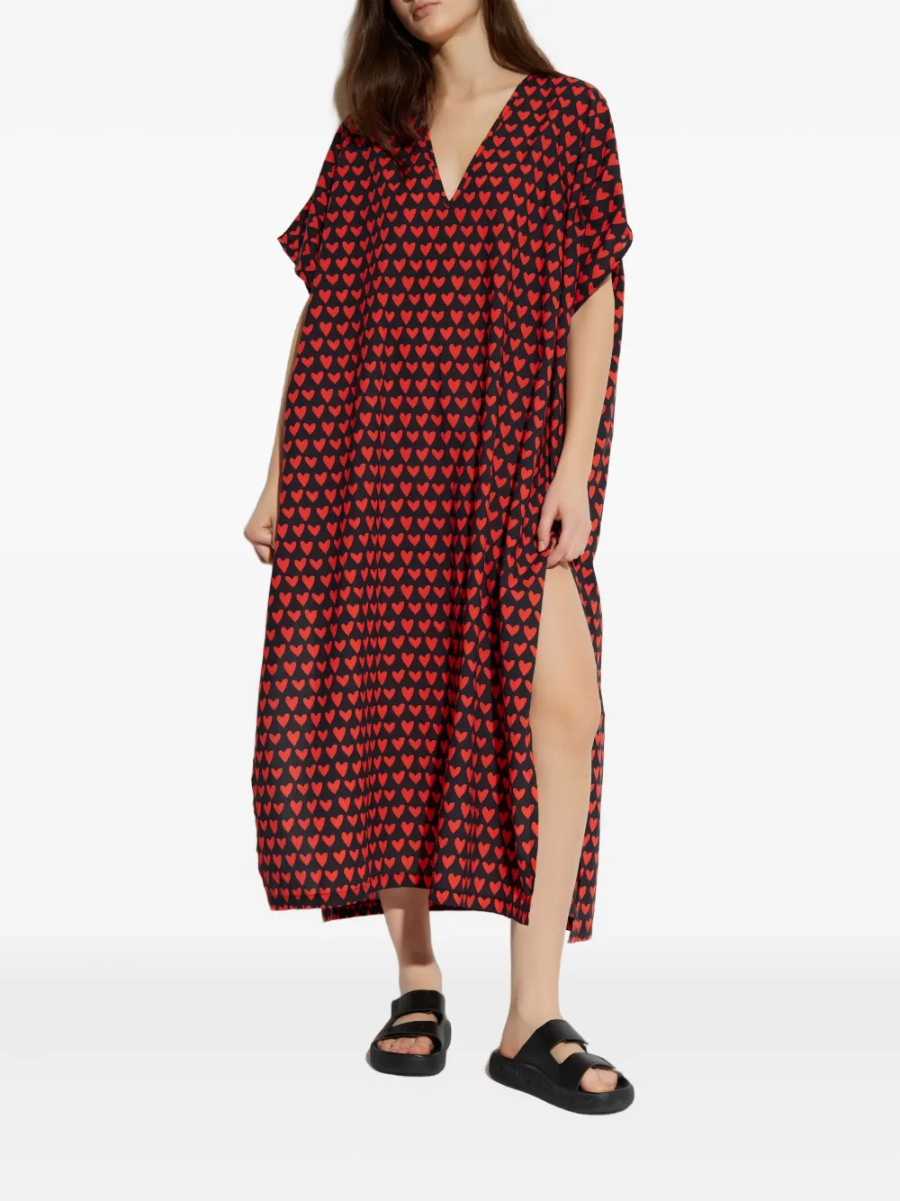 Moschino Heart-print V-neck Midi Dress In Red