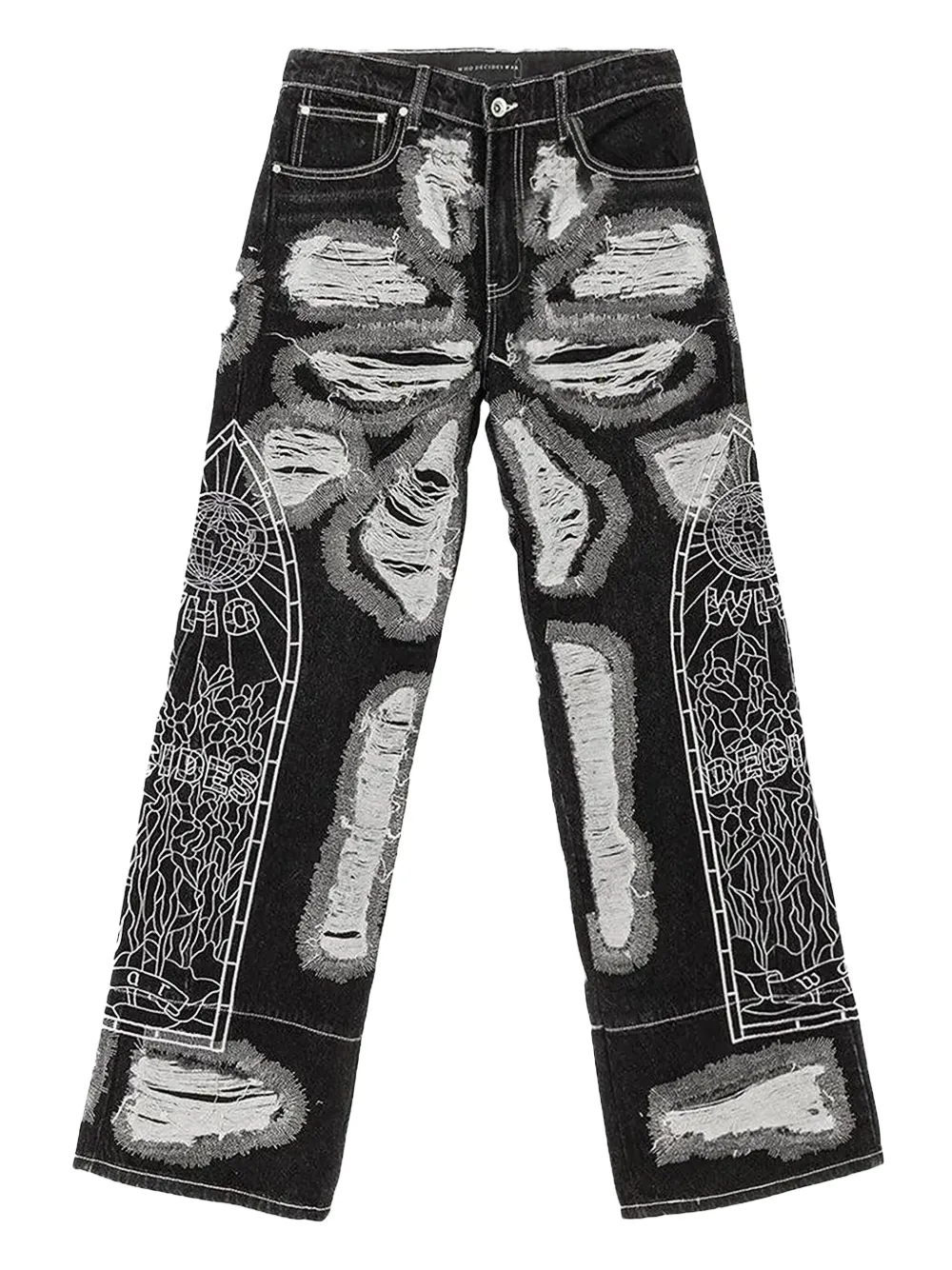 Who Decides War Embroidered Distressed Jeans In Black