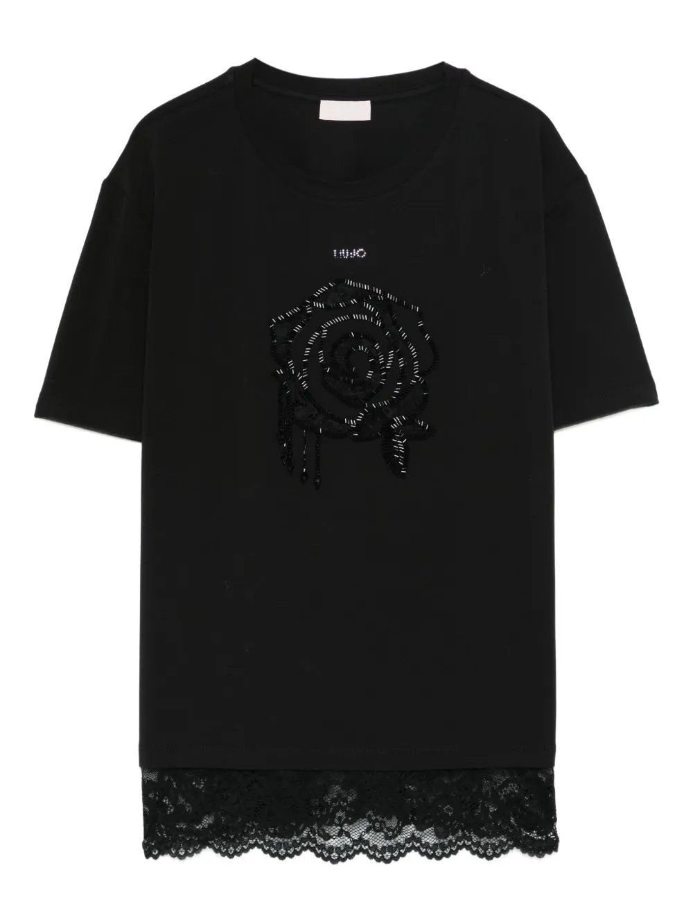 Liu •jo Beaded Lace-trim T-shirt In Black