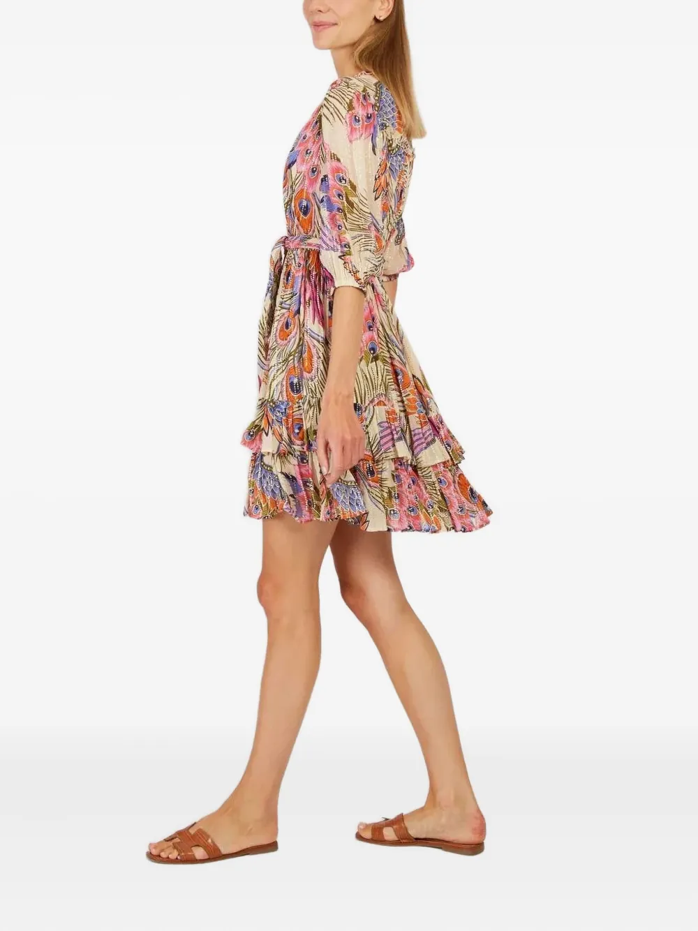 Derhy Mini-jurk met pofmouwen en pauwprint - Beige