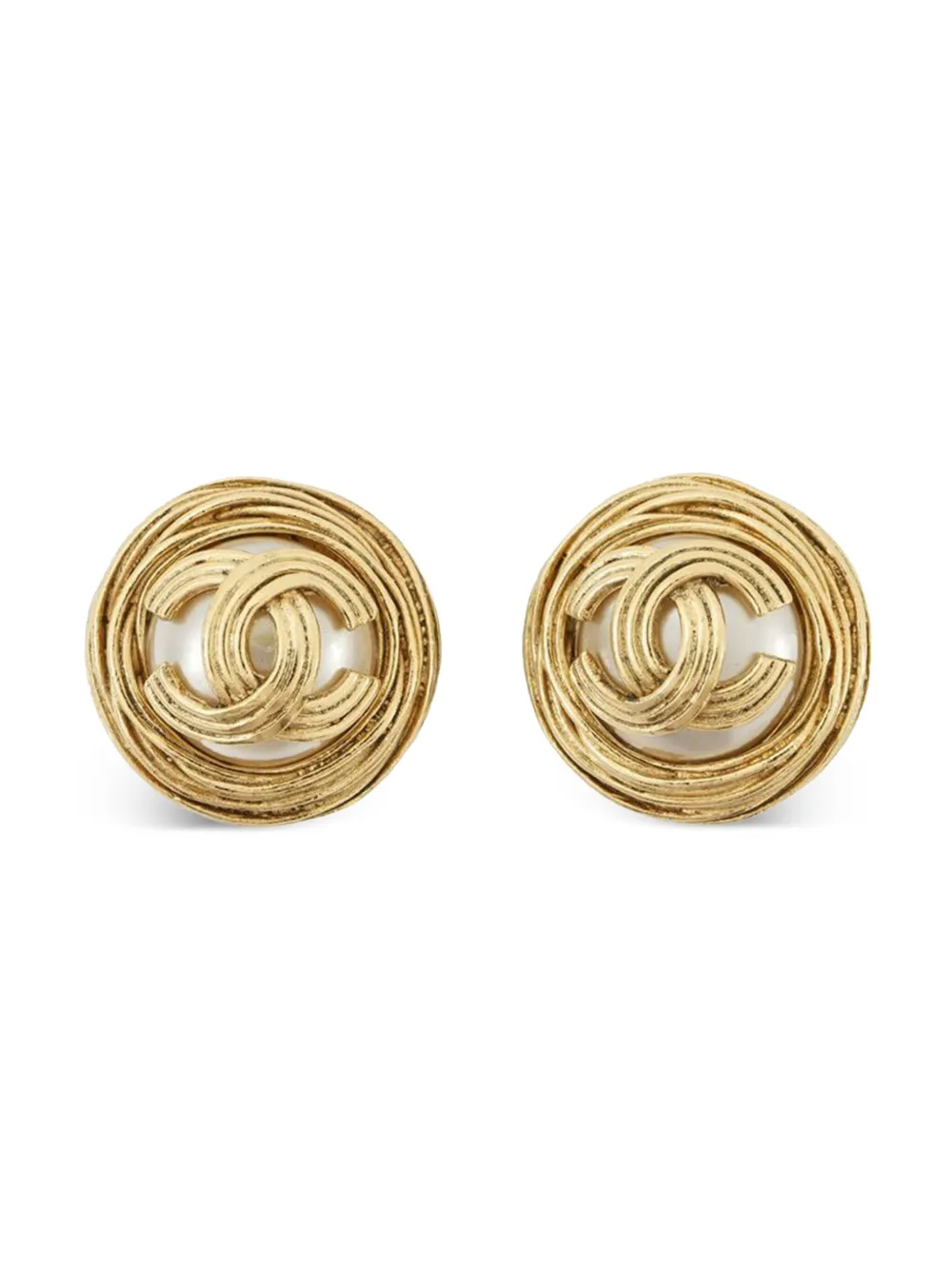 CHANEL Pre-Owned Orecchini CC tondi a clip placcati in oro con perle sintetiche e logo 1994 - Bianco