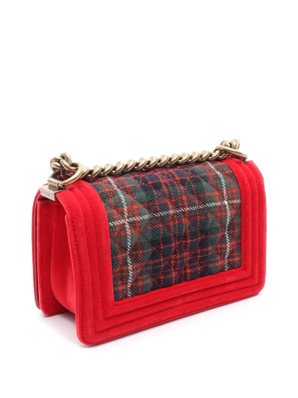 Pre-owned Chanel 2013-2014 Small Quilted Tweed And Velvet Boy Flap Crossbody Bag In Green