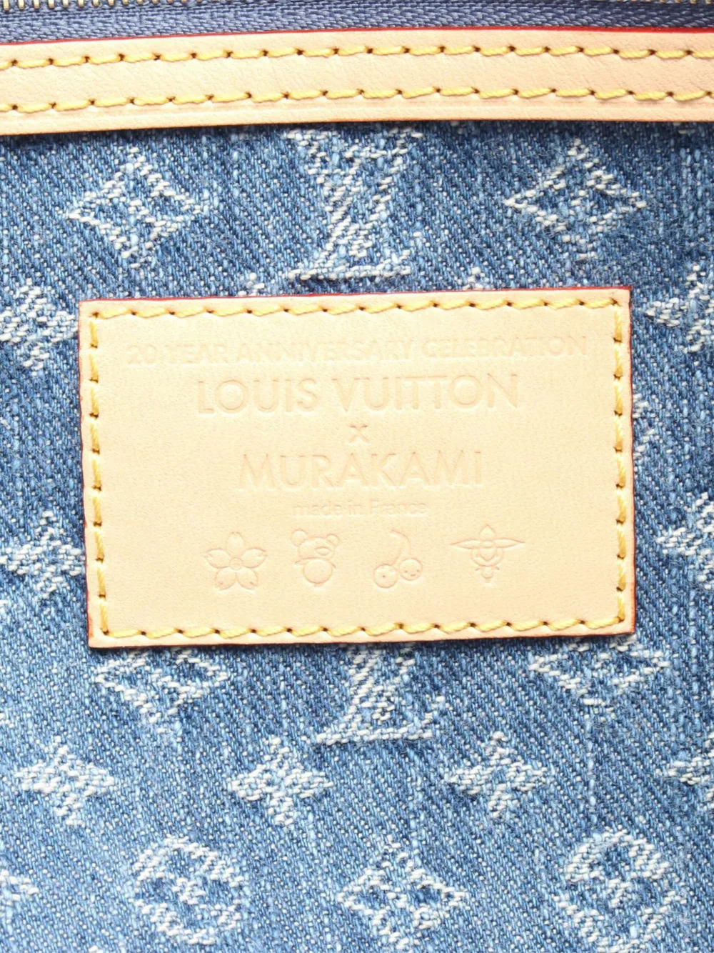 Pre-owned Louis Vuitton 2021-2025 Takashi Murakami Monogram Cherry Denim Keepall Bandouliere 45 Travel Bag In Blue