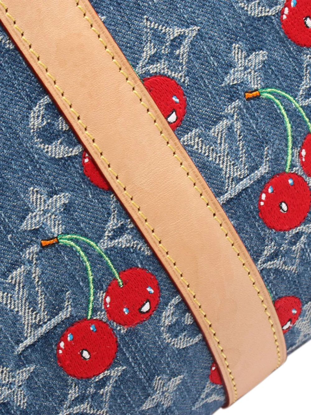 Pre-owned Louis Vuitton 2021-2025 Takashi Murakami Monogram Cherry Denim Keepall Bandouliere 45 Travel Bag In Blue