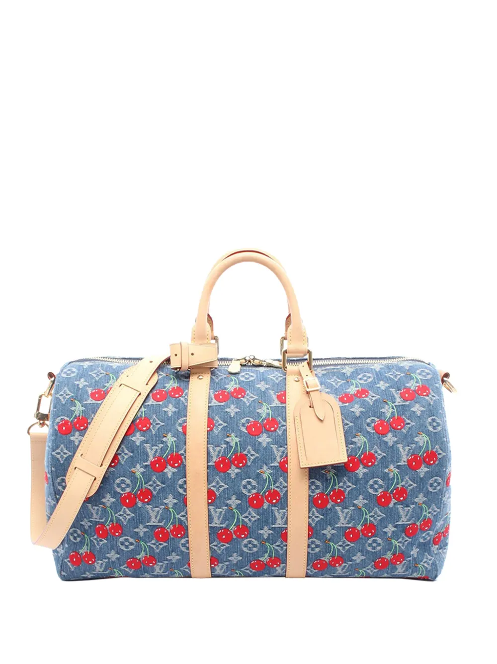 Pre-owned Louis Vuitton 2021-2025 Takashi Murakami Monogram Cherry Denim Keepall Bandouliere 45 Travel Bag In Blue