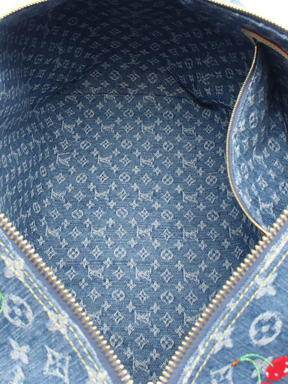 Pre-owned Louis Vuitton 2021-2025 Takashi Murakami Monogram Cherry Denim Keepall Bandouliere 45 Travel Bag In Blue