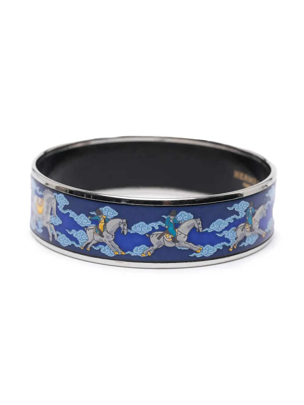 Pre-owned Hermes 2000-2020 Wide Enamel Horse Riding Motif Bangle Costume Bracelet In Blue