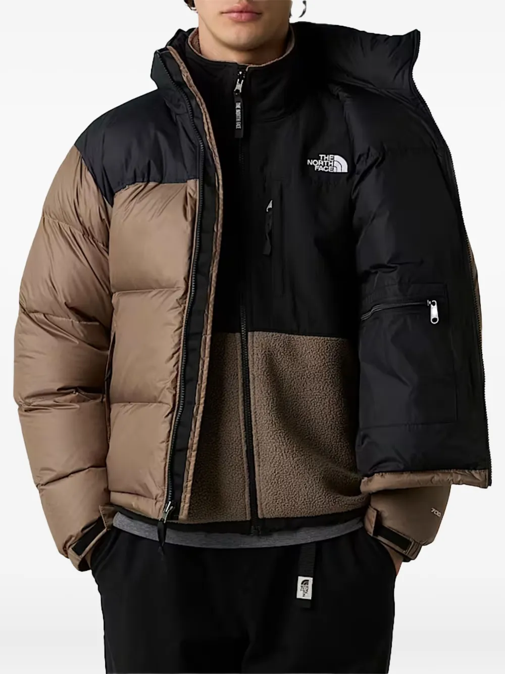 The North Face Block Design High Collar Puffer Jacket In Brown