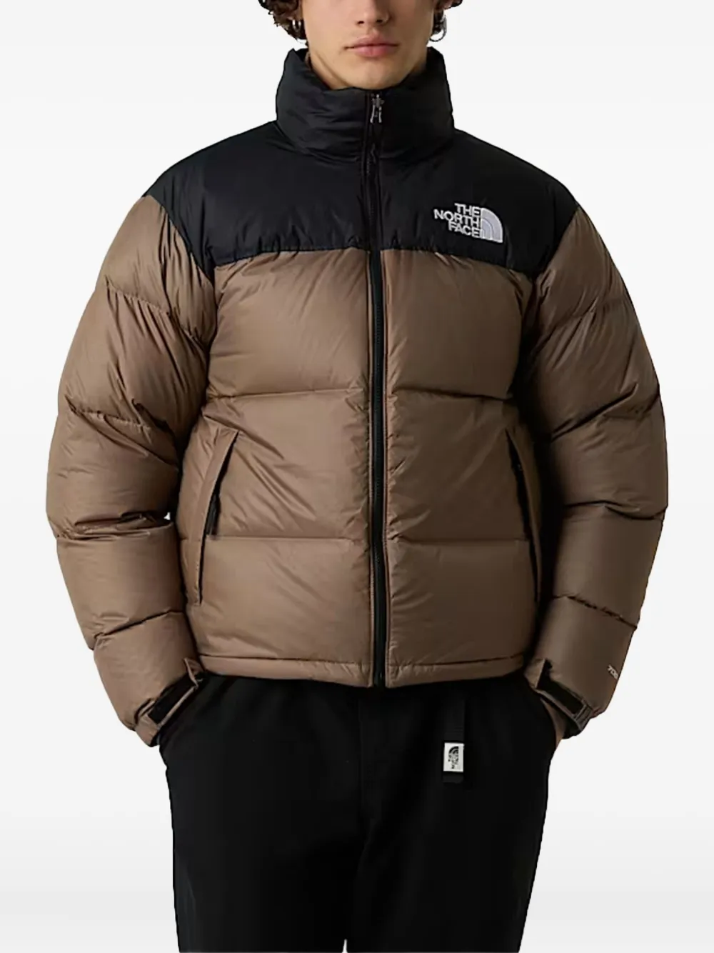The North Face Block Design High Collar Puffer Jacket In Brown