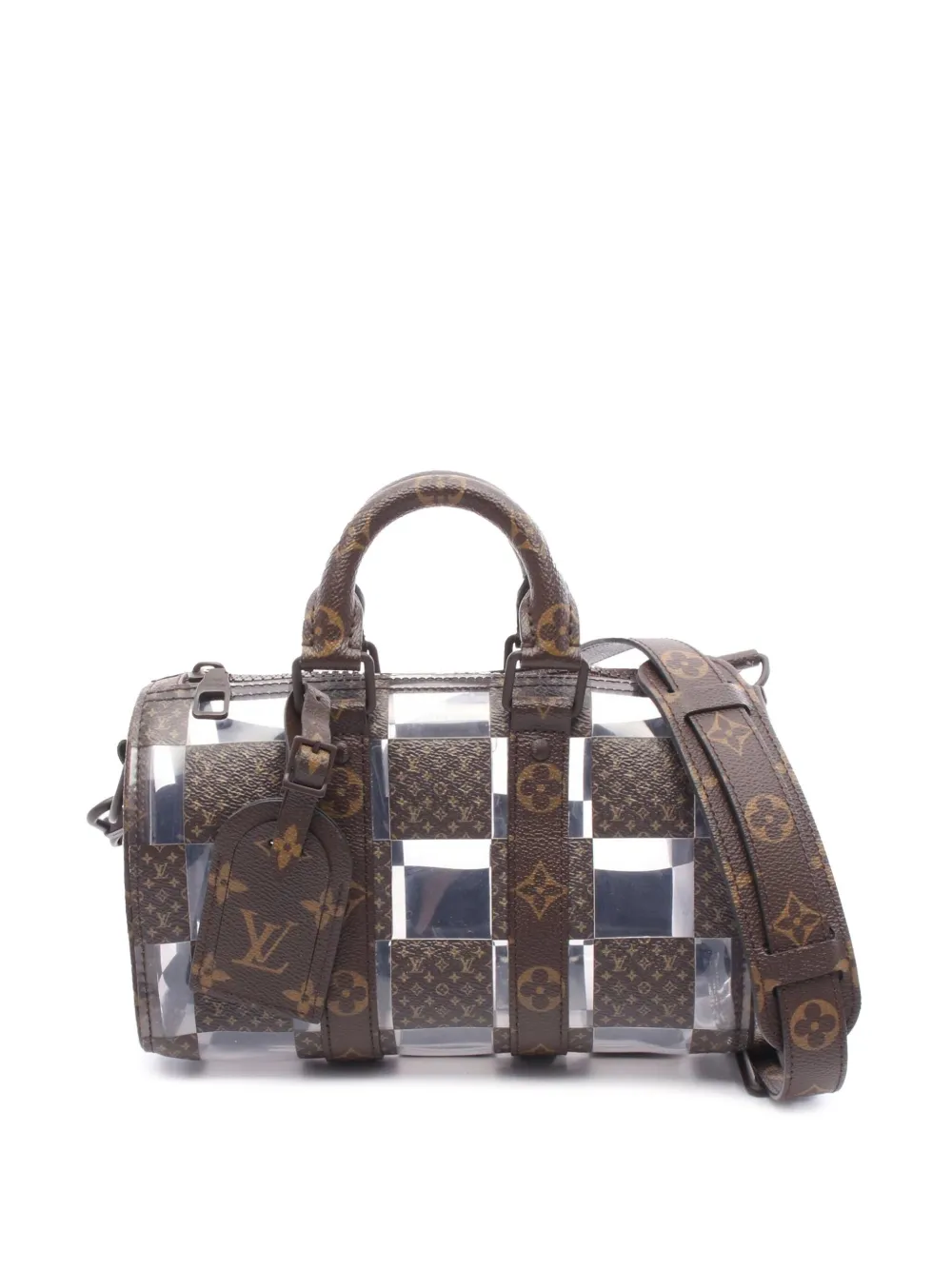 Pre-owned Louis Vuitton 2022 Pvc And Monogram Chess Keepall Bandouliere 25 Satchel In Brown
