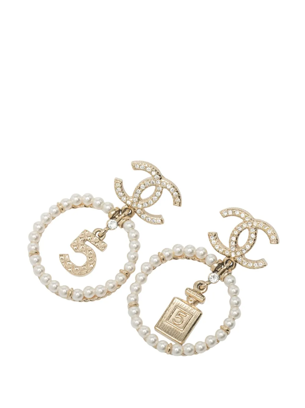 Pre-owned Chanel 2020 Gold Plated Cc Crystal Faux Pearl And No 5 Perfume Bottle Drop Push Back Earrings Costume Earri