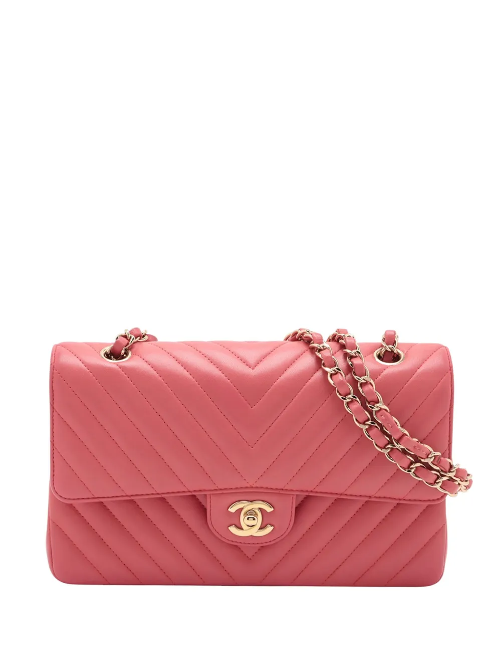 Pre-owned Chanel 2017-2018 Medium Classic Chevron Lambskin Double Flap Shoulder Bag In Pink
