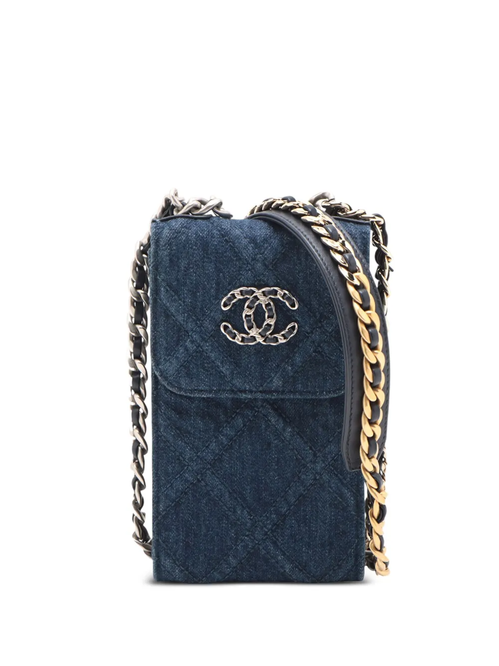 CHANEL Pre-Owned 2021 デニム 19 フォンホルダーウィズチェーン サッチェルバッグ - ブルー