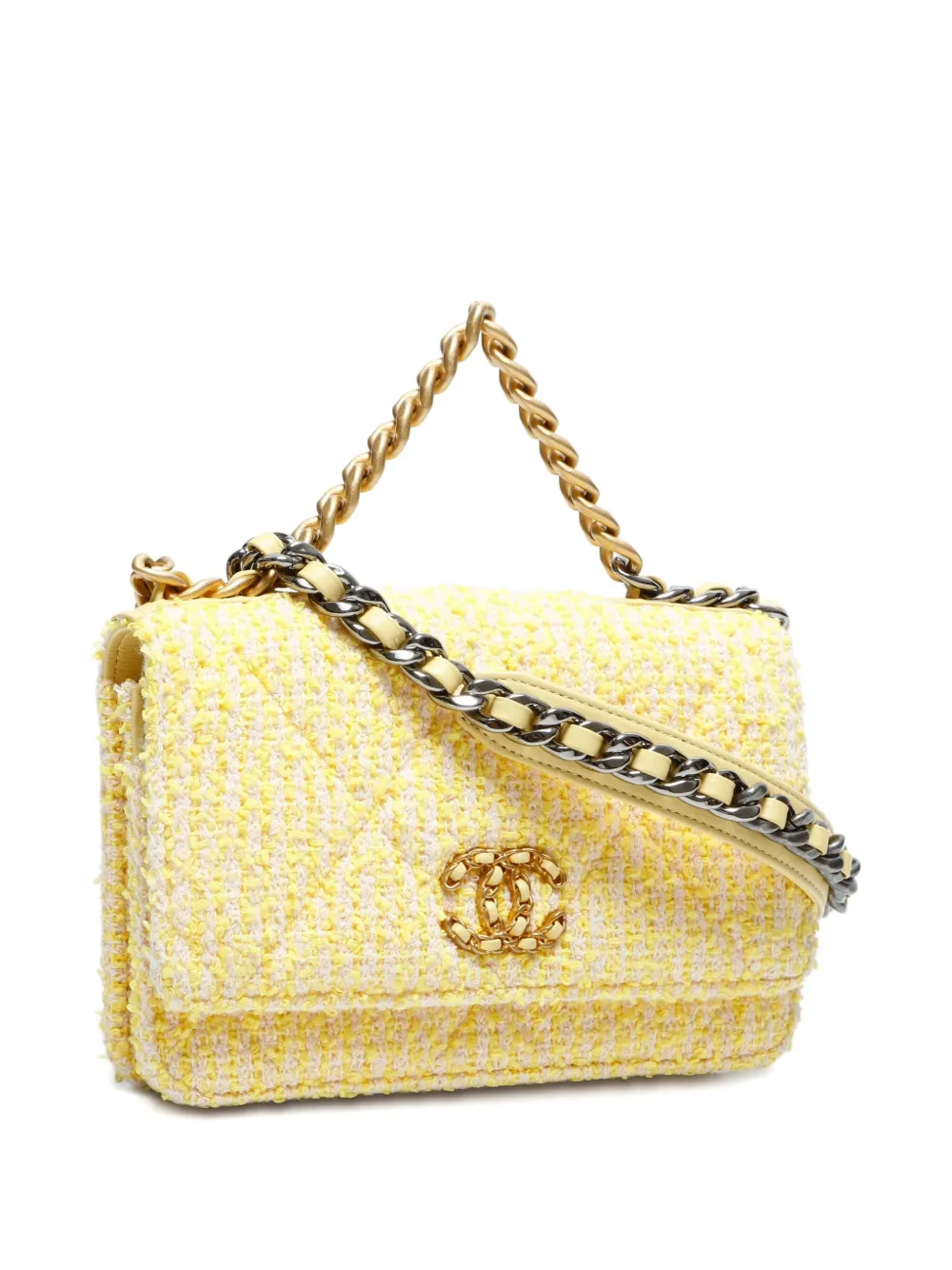 Pre-owned Chanel 2021-2023 19 Tweed Flap Chain Tote Bag In Yellow