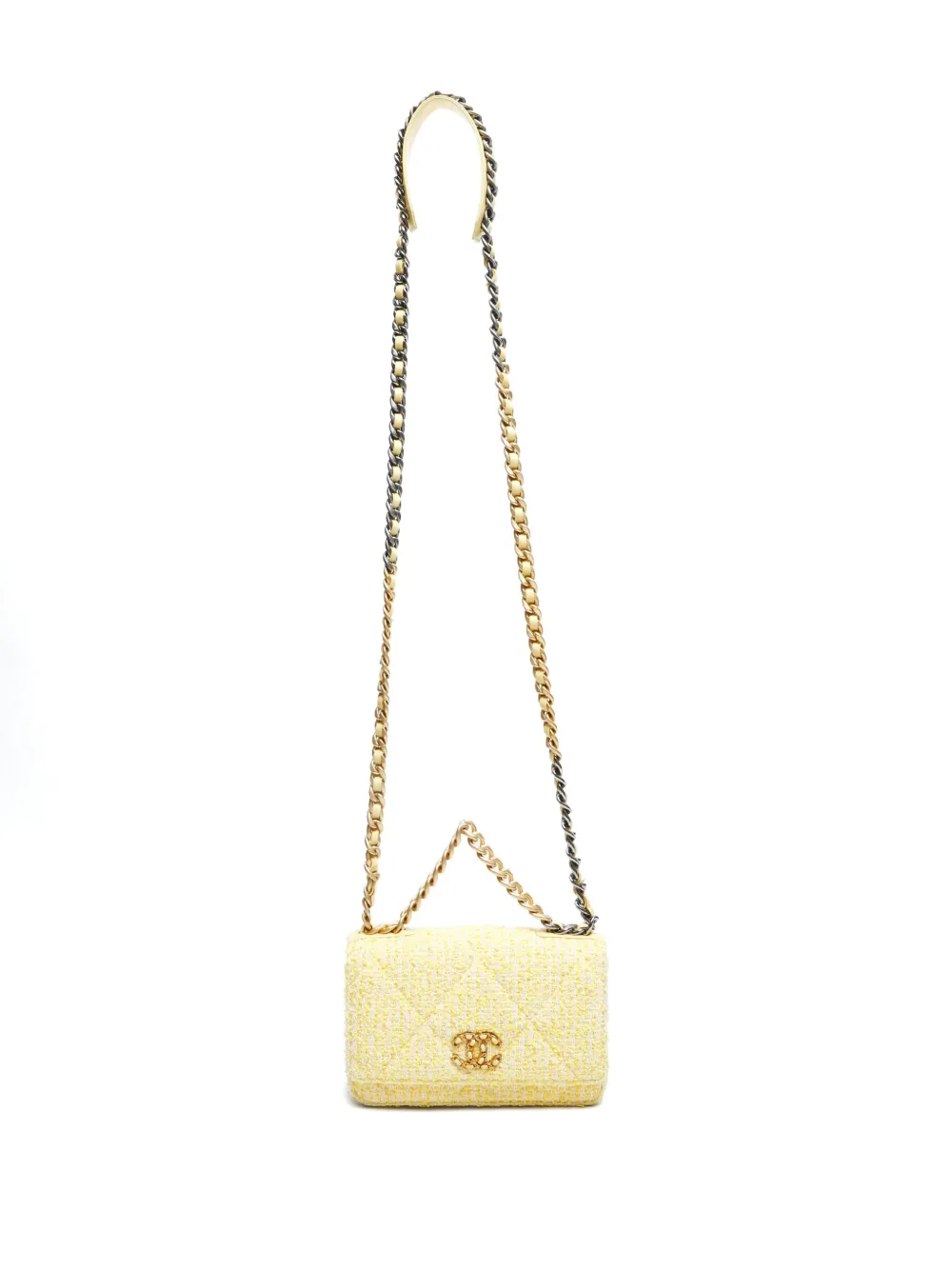 Pre-owned Chanel 2021-2023 19 Tweed Flap Chain Tote Bag In Yellow