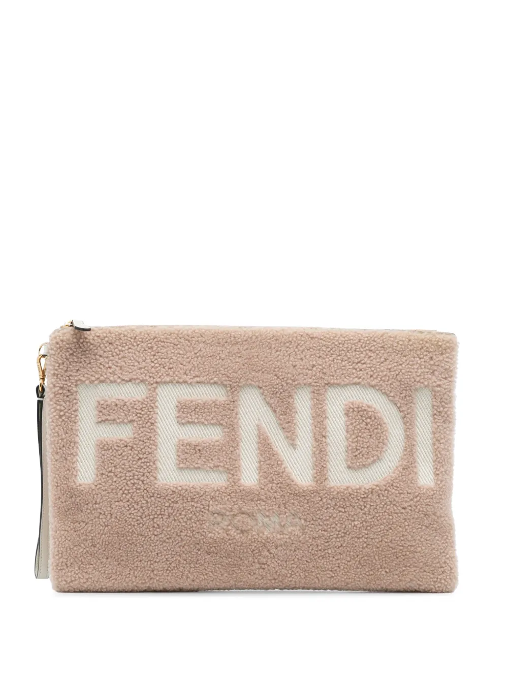 Pre-owned Fendi 2010-2025 Shearling Logo Flat Pouch Clutch Bag In Brown