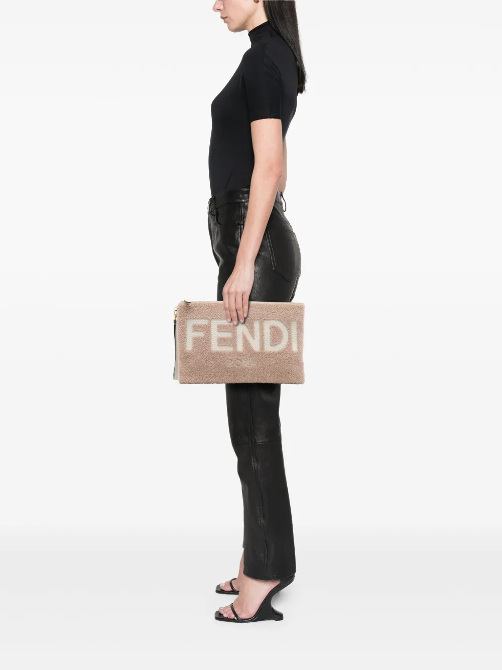 Pre-owned Fendi 2010-2025 Shearling Logo Flat Pouch Clutch Bag In Brown
