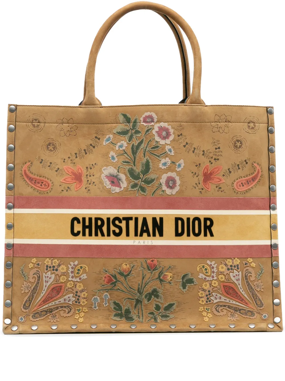 Pre-owned Dior 2021 Large Studded Embroidered Suede Floral Book Tote Bag In Brown
