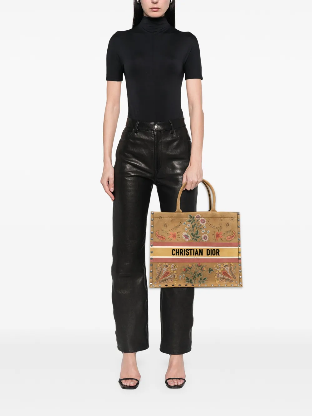 Pre-owned Dior 2021 Large Studded Embroidered Suede Floral Book Tote Bag In Brown