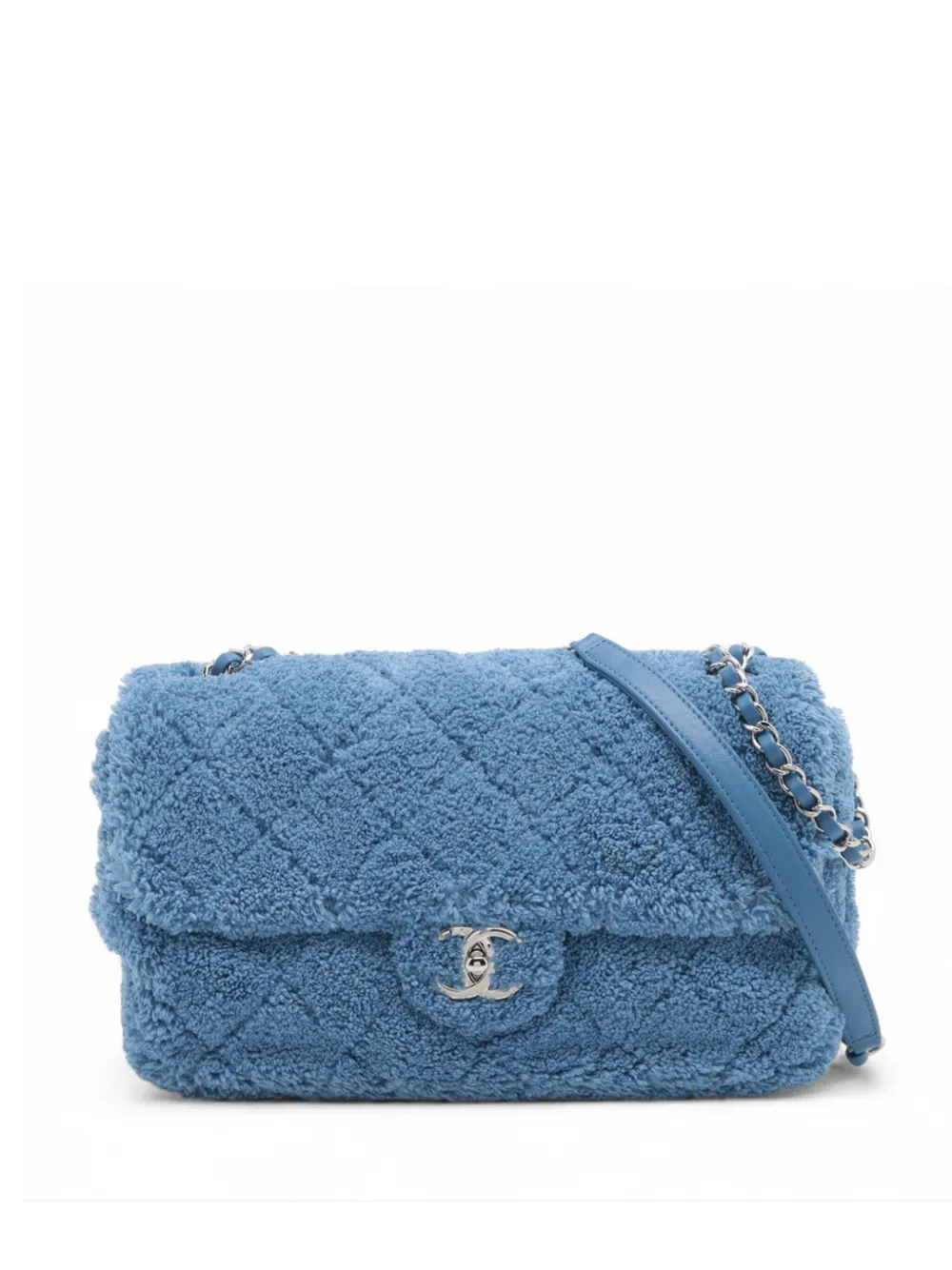 Pre-owned Chanel 2019 Medium Quilted Terry Cloth Coco Beach Flap Crossbody Bag In Blue