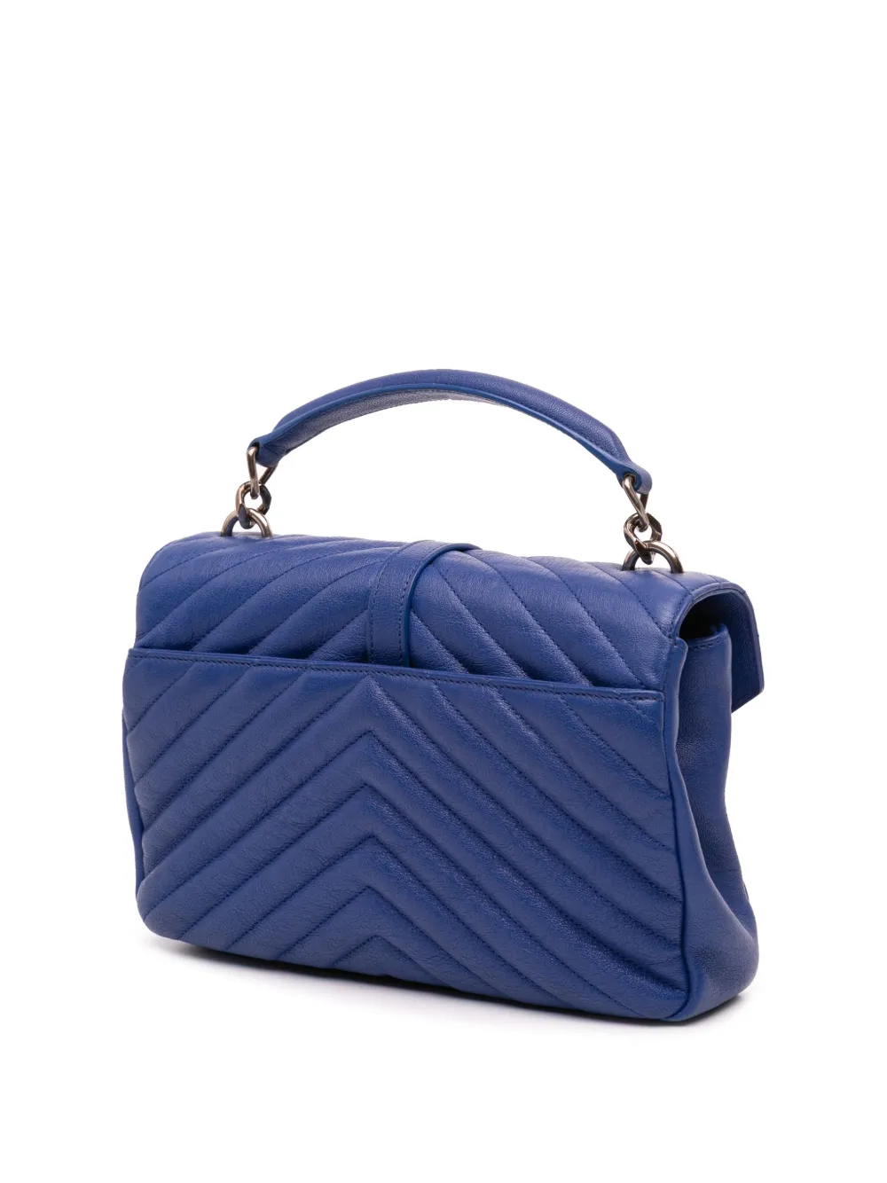 Pre-owned Saint Laurent 2015 Medium Quilted Chevron Sheepskin College Satchel In Blue