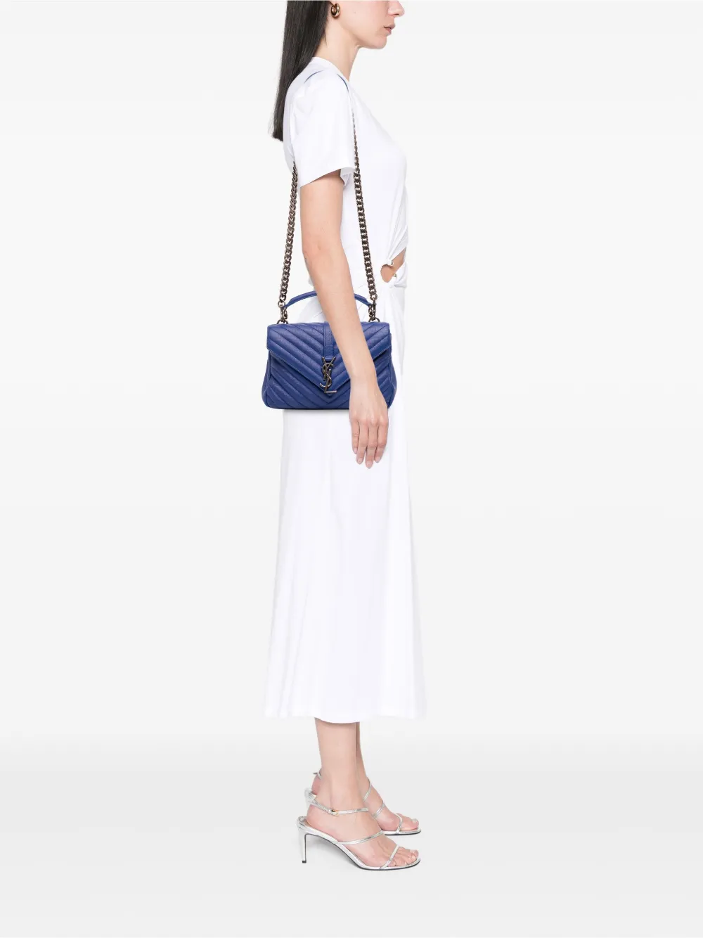 Pre-owned Saint Laurent 2015 Medium Quilted Chevron Sheepskin College Satchel In Blue