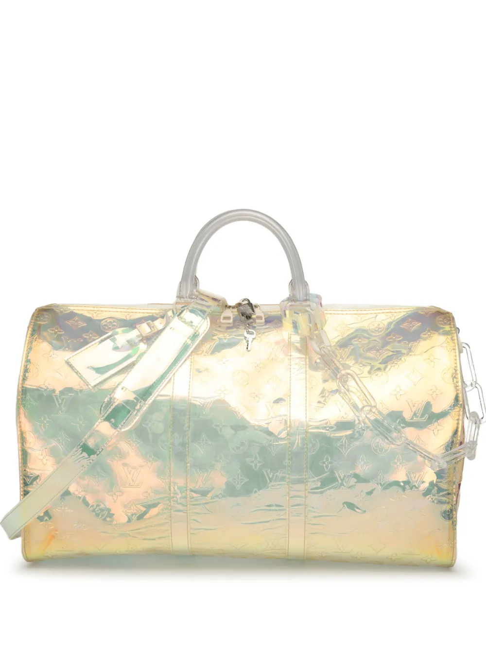 Pre-owned Louis Vuitton 2019 Monogram Prism Keepall Bandouliere 50 Travel Bag In White