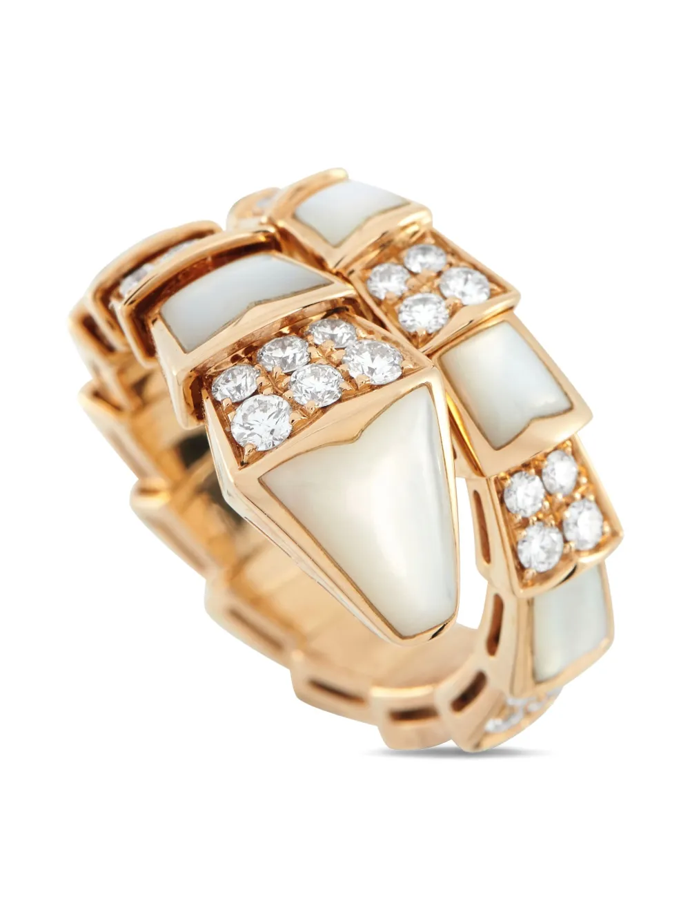 Pre-owned Bvlgari 18k Rose Gold Diamond Mother Of Pearl Coil Ring In Pink