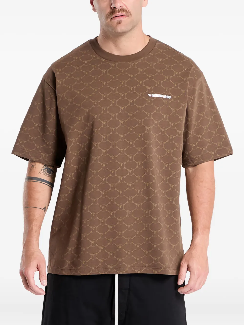 A Bathing Ape College Monogram-logo T-shirt In Brown