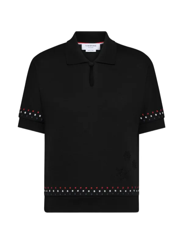 Thom Browne Cotton Milano Stars & Snowflake Embroidery Polo in Black