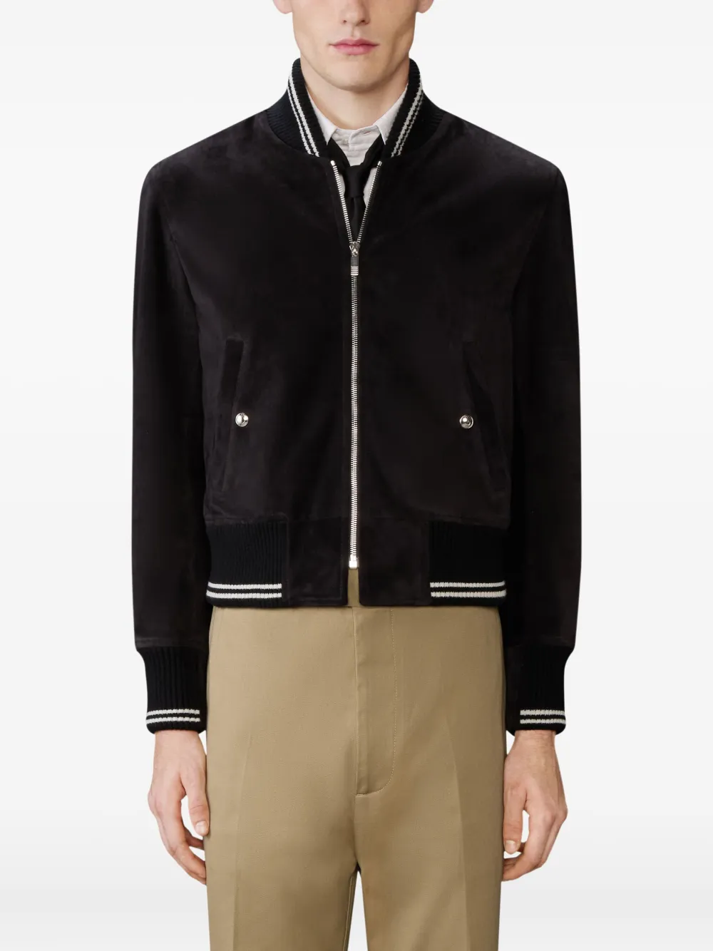 Thom Browne Ribgebreid suède bomberjack Zwart