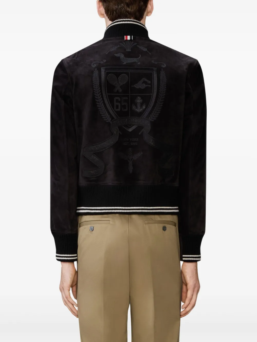 Thom Browne Ribgebreid suède bomberjack Zwart
