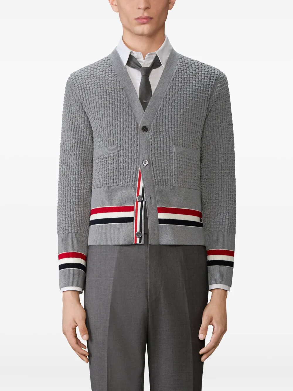  Thom Browne Rwb Stripe Cardigan - Grey 