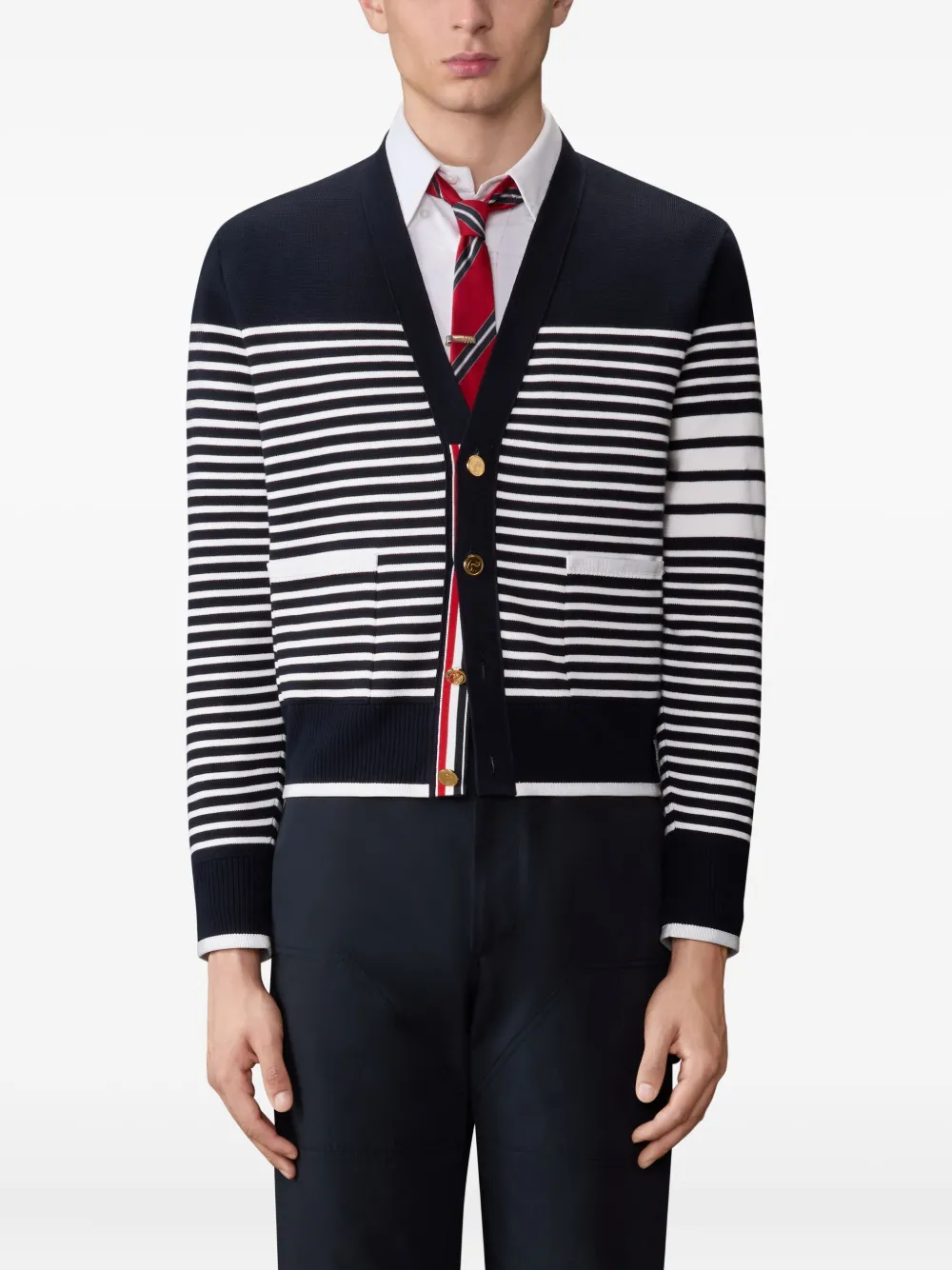  Thom Browne Striped V-neck Cardigan - Blue 