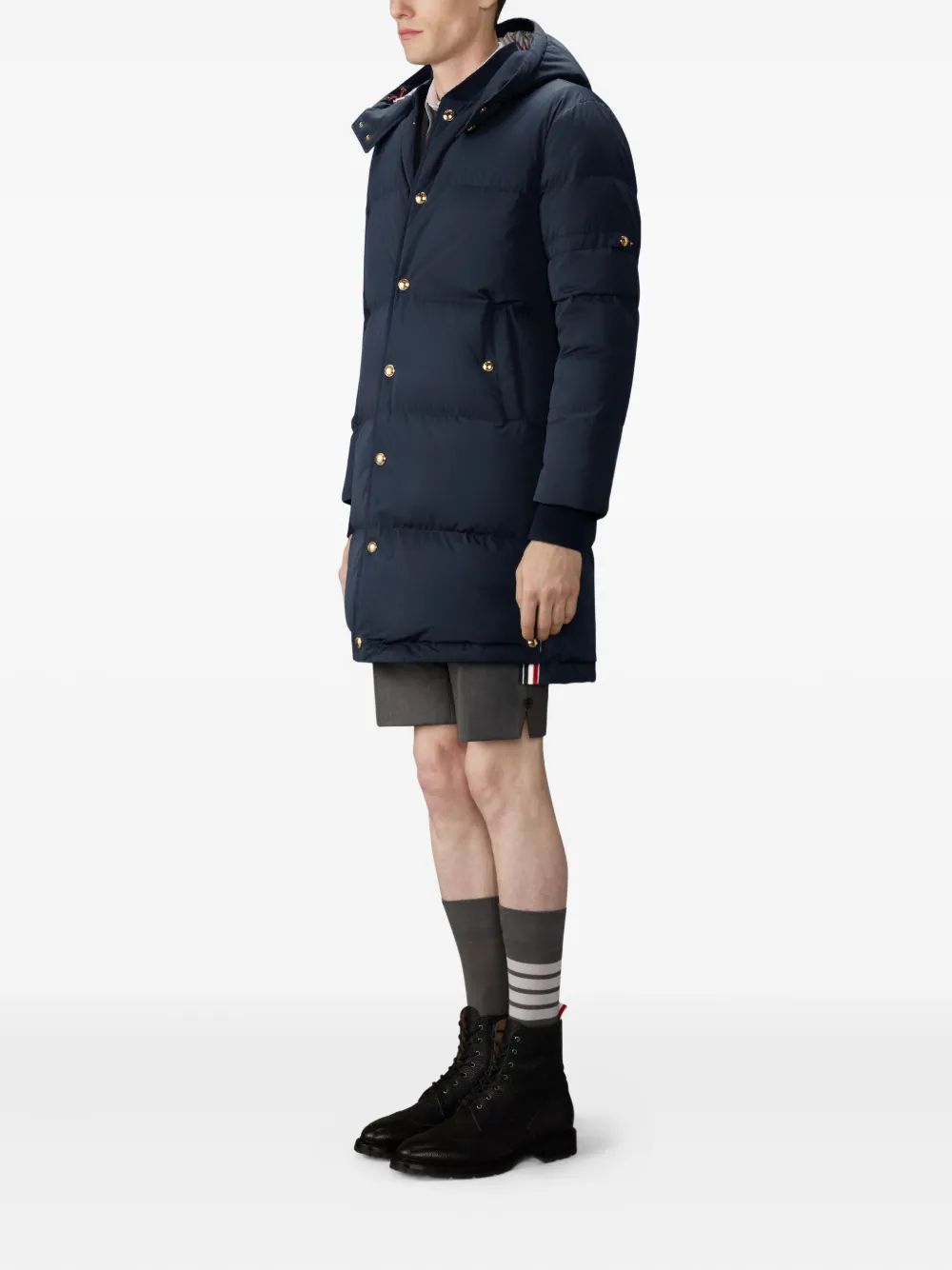  Thom Browne Hooded Stud Button-fastening Coat - Blue 
