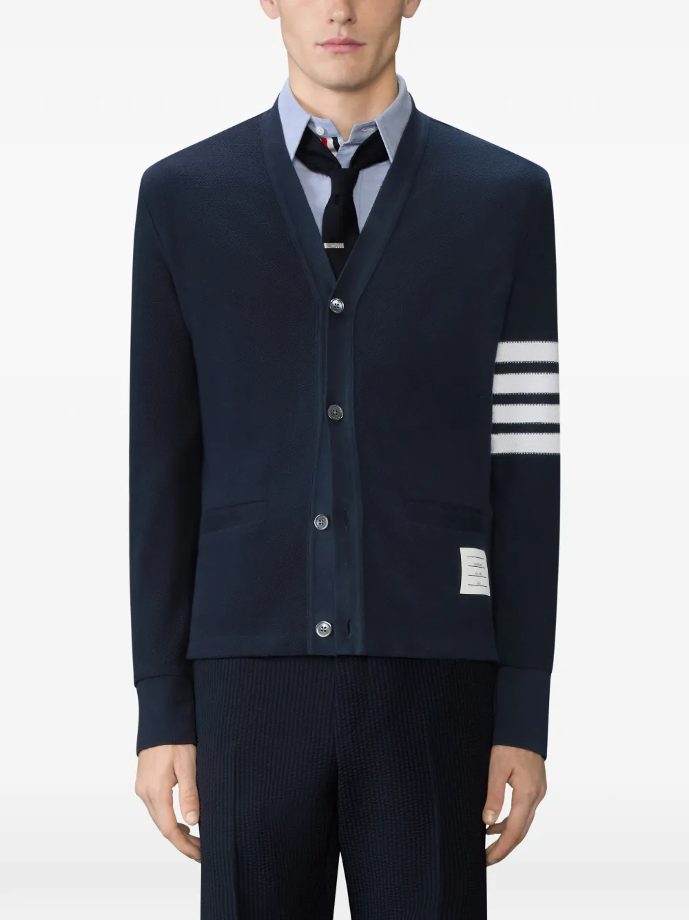  Thom Browne V-neck Logo Patch Cardigan - Blue 