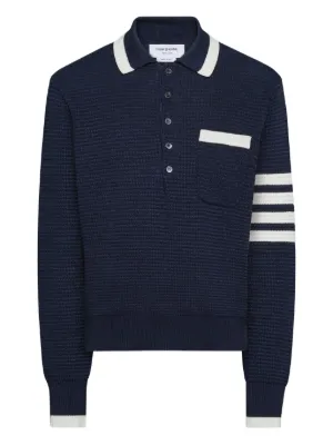Thom Browne 4-Bar textured-pique long-sleeved Polo Shirt | Blue
