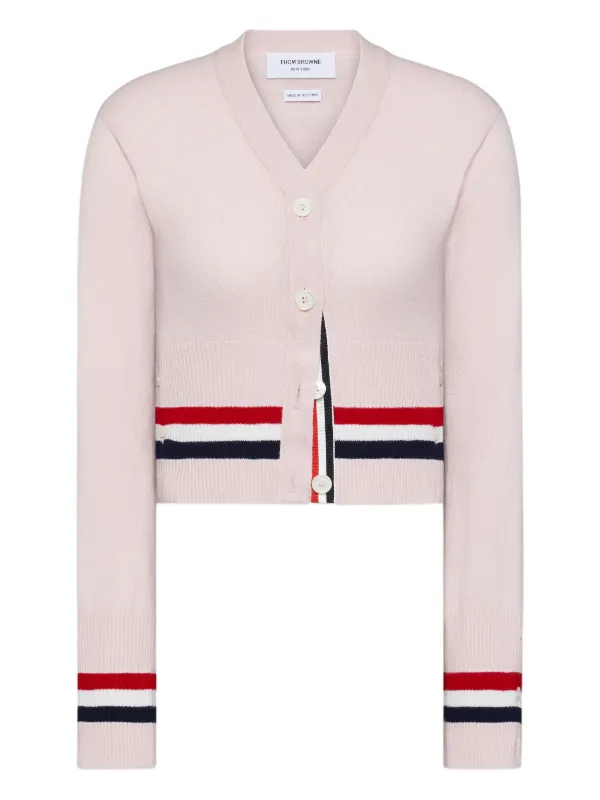 Thom Browne Cashmere RWB Stripe Shrunken Cardigan in Pink