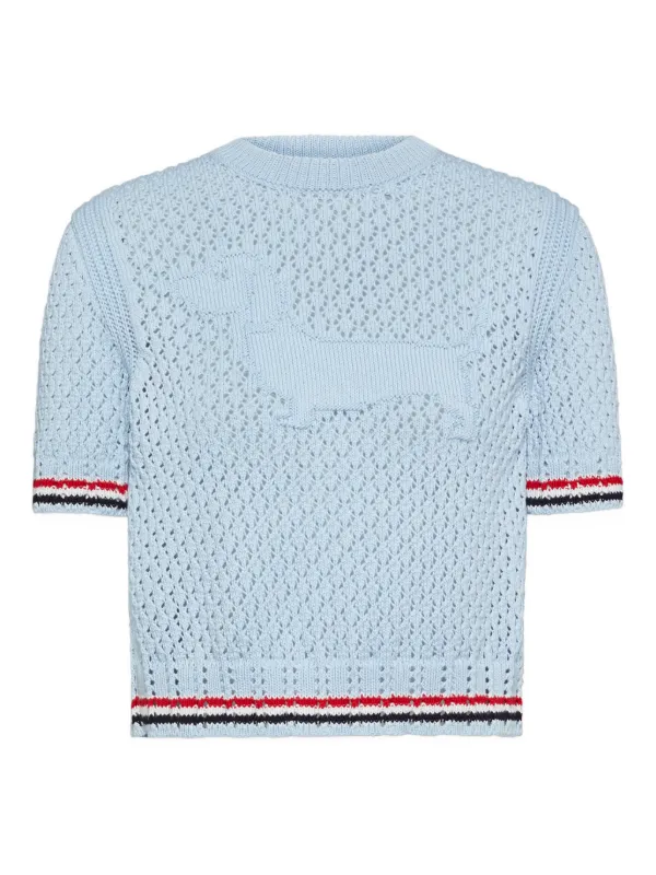 Thom Browne Cotton Pointelle Stitch Hector RWB Tee in Blue