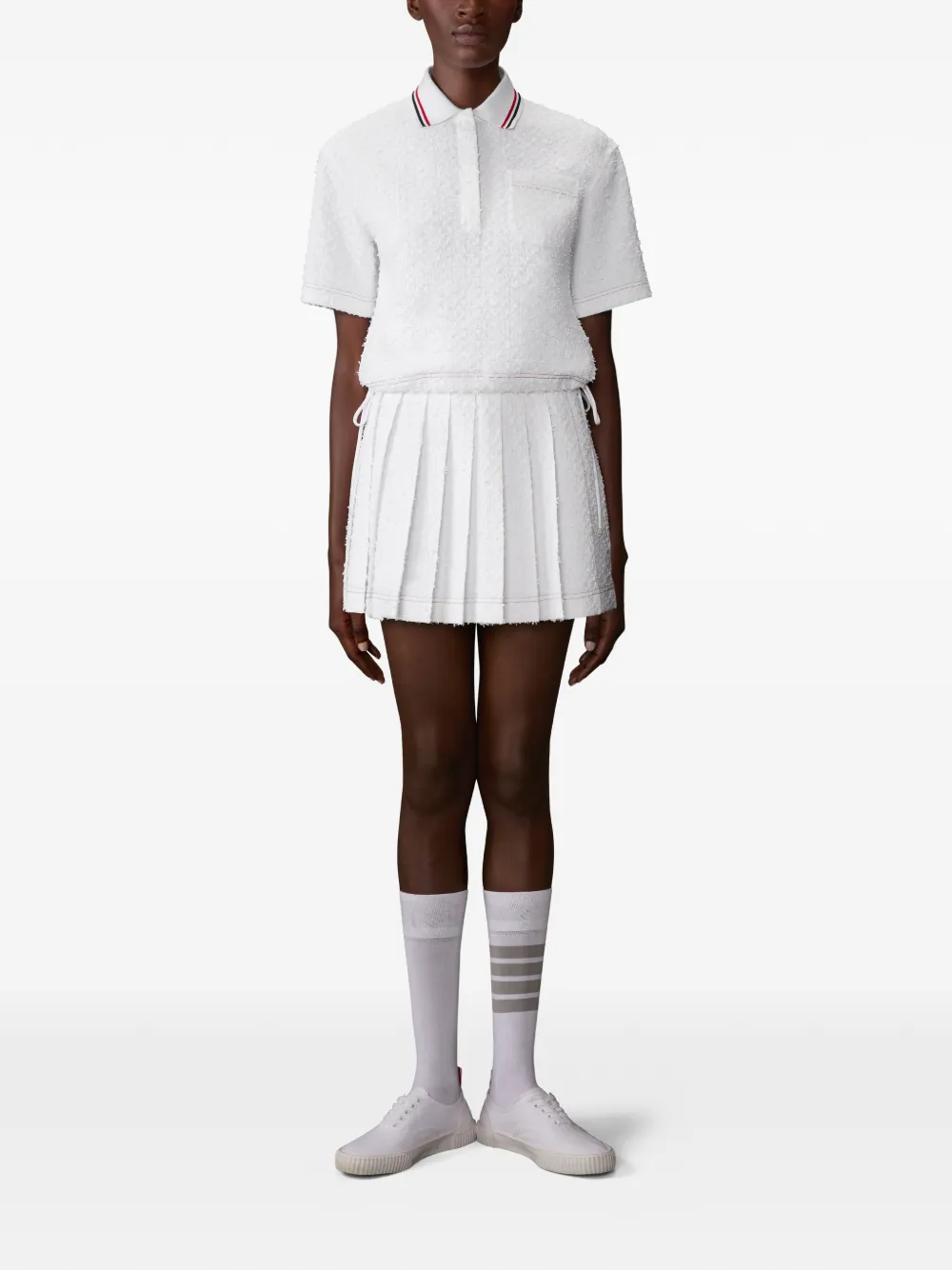  Thom Browne Ribbon Tweed Drawstring Polo Top - White 