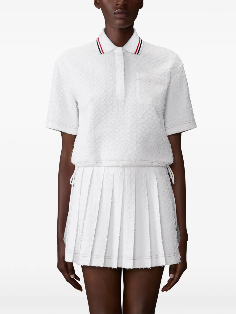  Thom Browne Ribbon Tweed Drawstring Polo Top - White 